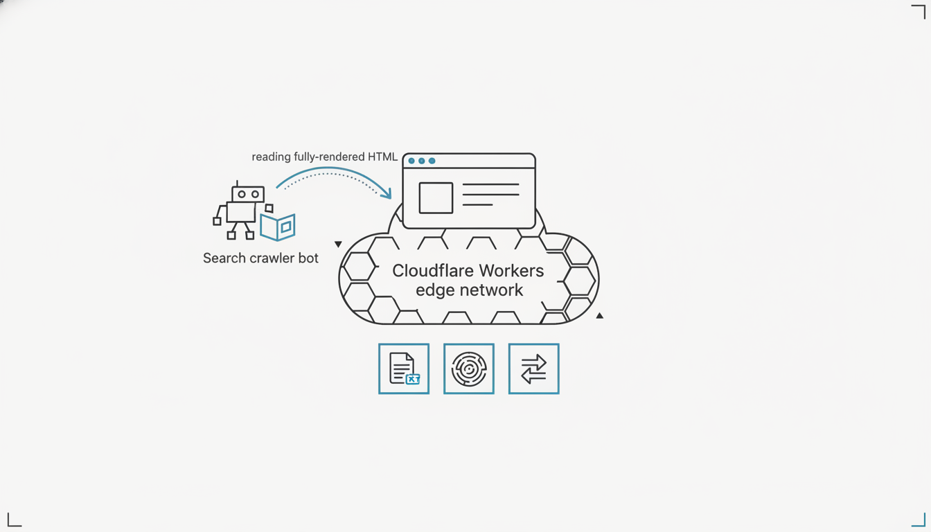 A minimal light-mode diagram of a web page on the Cloudflare Workers edge network being read by a search crawler as fully-rendered HTML, with robots.txt, a sitemap, and a canonical link beneath it, drawn in clean near-black line art.