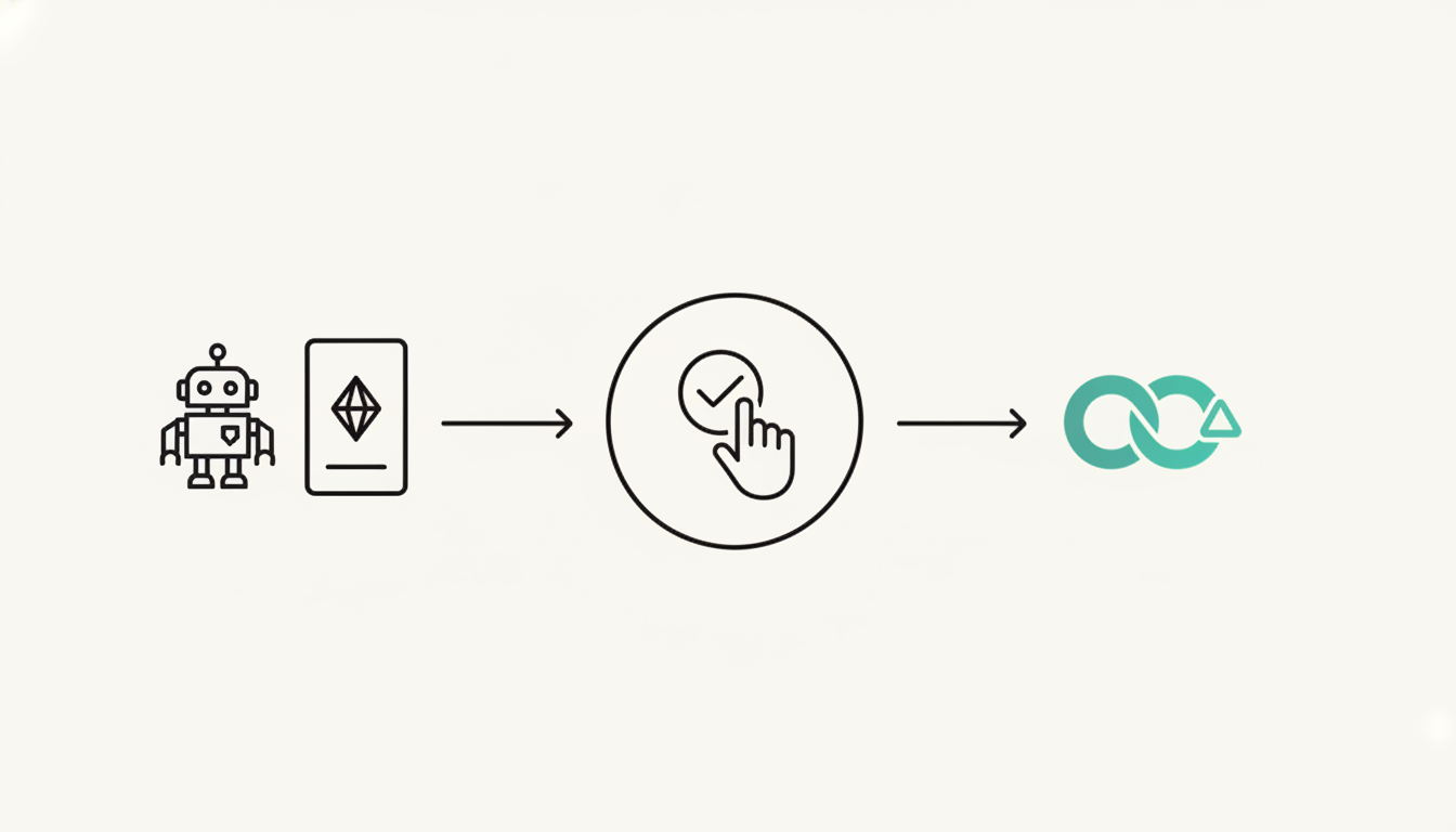 A minimal light-mode diagram of three connected nodes: an AI agent proposing a pull request, a central approval gate where a human hand approves, and a merge/deploy node that only turns green after approval.