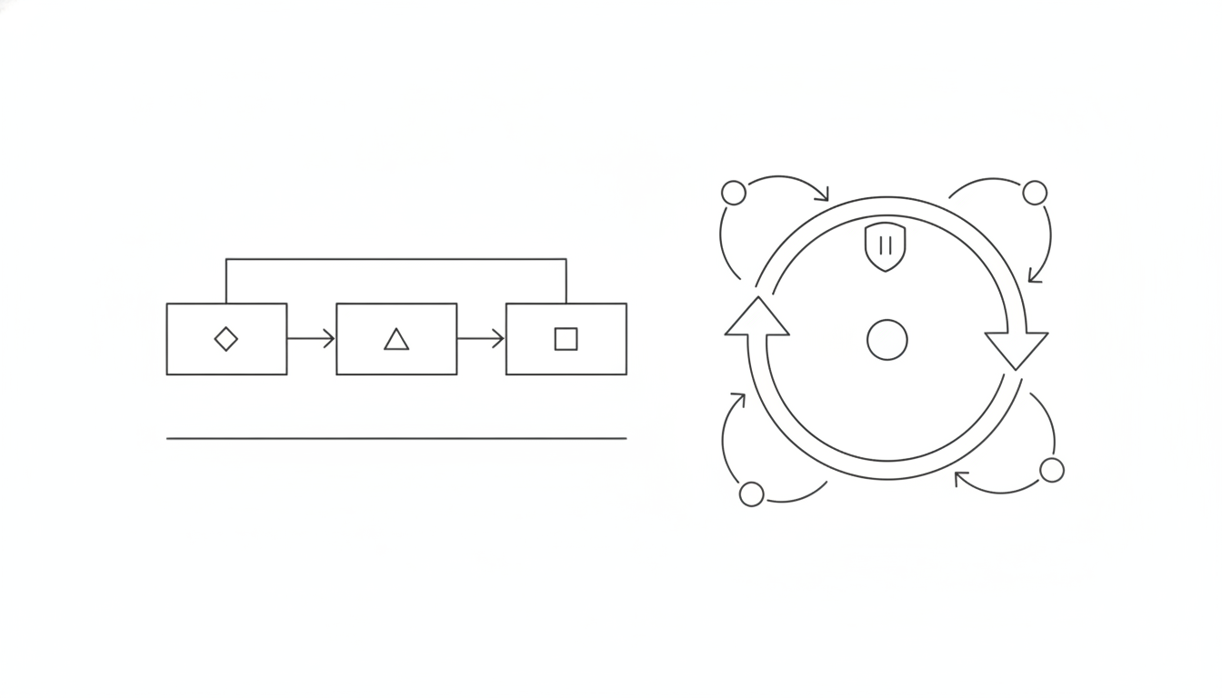 A minimal light-mode diagram contrasting a straight request-response pipeline with a looping agent system that branches into probabilistic paths and passes through a human-gate checkpoint, drawn in clean near-black line art.